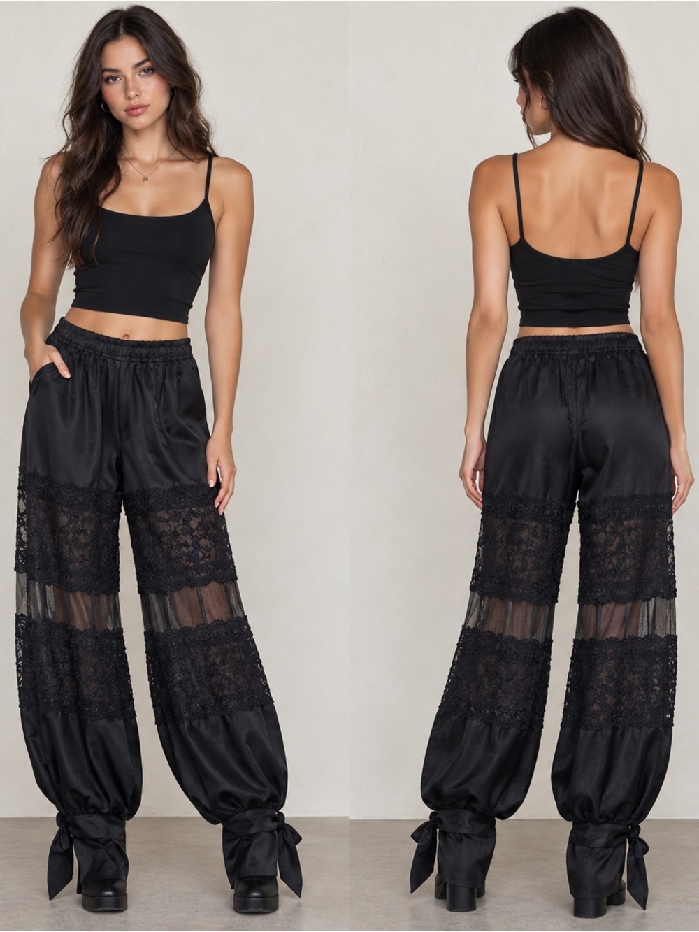 Fashion Nova Black Lace-Panel Cropped Jumpsuit Pants